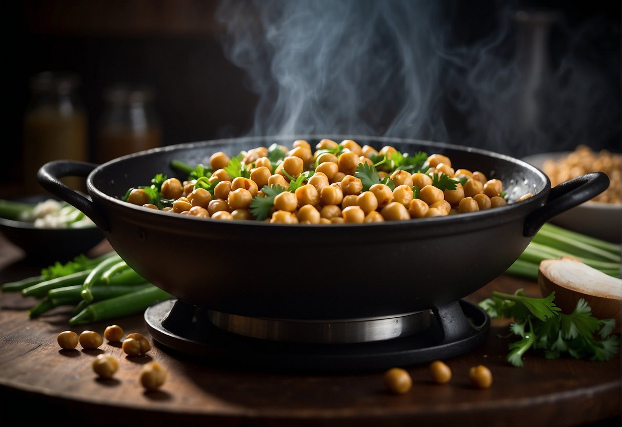 A wok sizzles with chickpeas, garlic, and ginger. Steam rises as soy sauce and spices are added. Green onions and cilantro garnish the finished dish