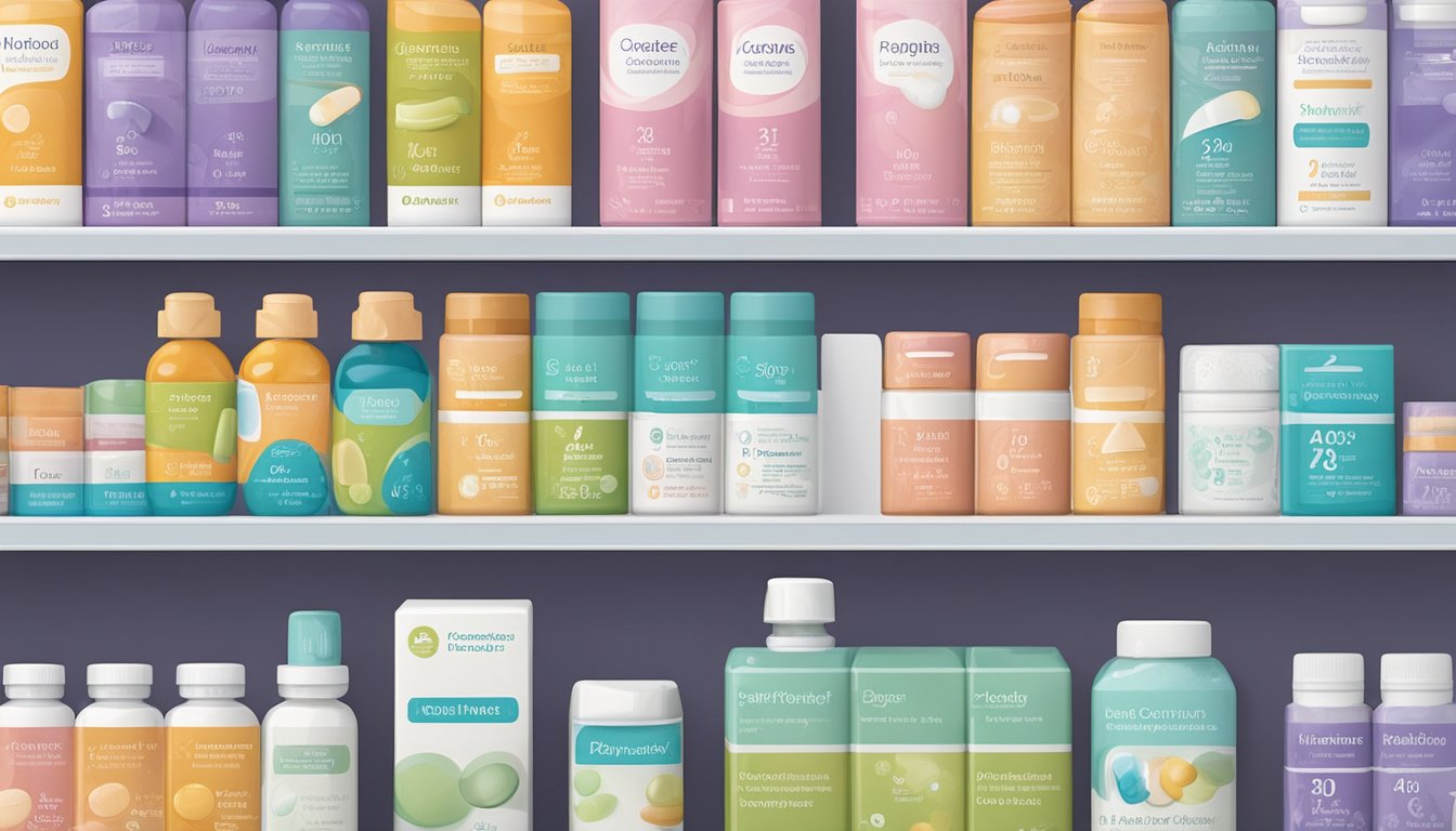 A variety of contraceptive pill brands displayed on a pharmacy shelf, with labels and packaging clearly visible