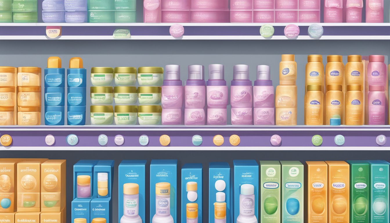 Various contraceptive pill brands arranged in a pharmacy display