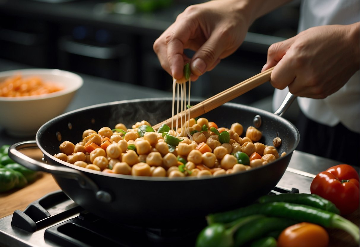 A chef carefully measures and pours chickpeas, tofu, and vegetables into a sizzling wok, creating a flavorful Chinese dish