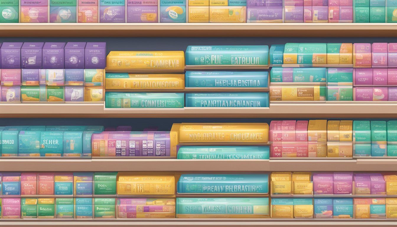 A stack of colorful contraceptive pill packages with bold brand names displayed on a pharmacy shelf