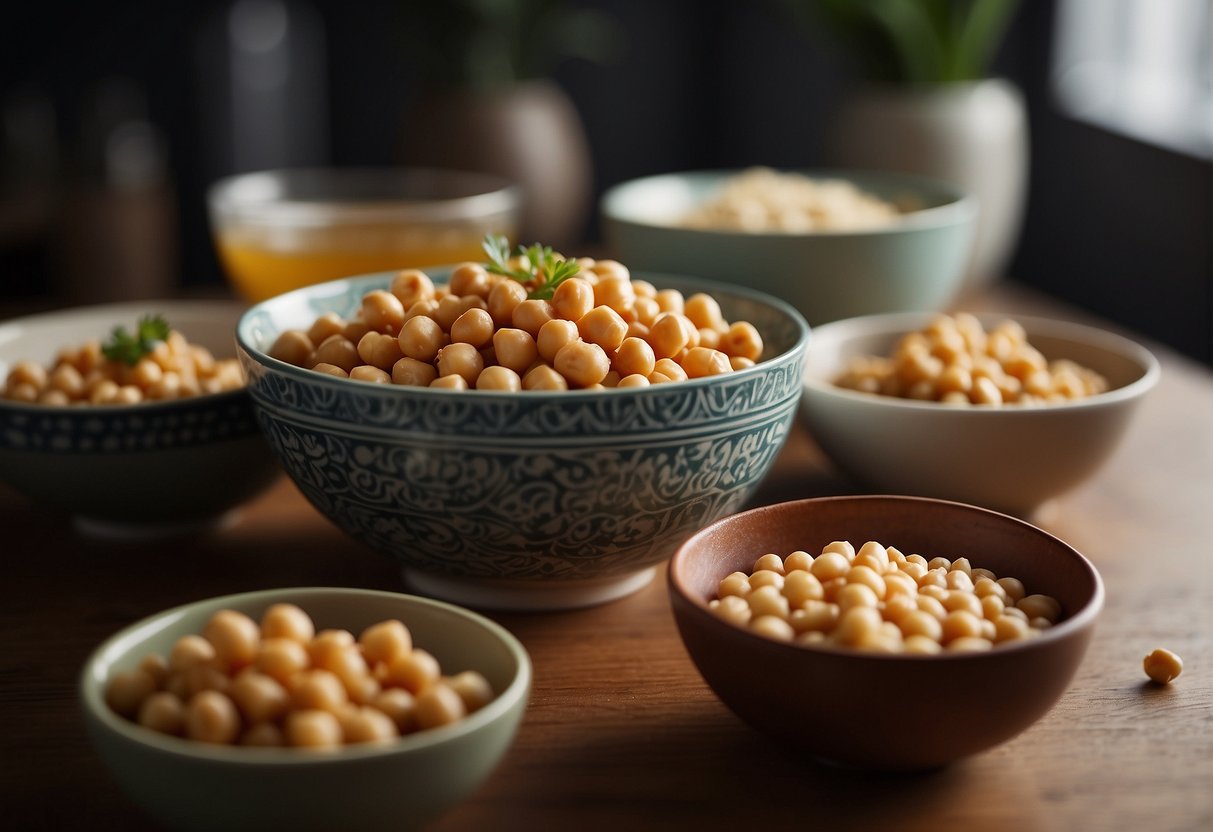 A bowl of chickpea Chinese recipe being served onto a table with various storage containers in the background