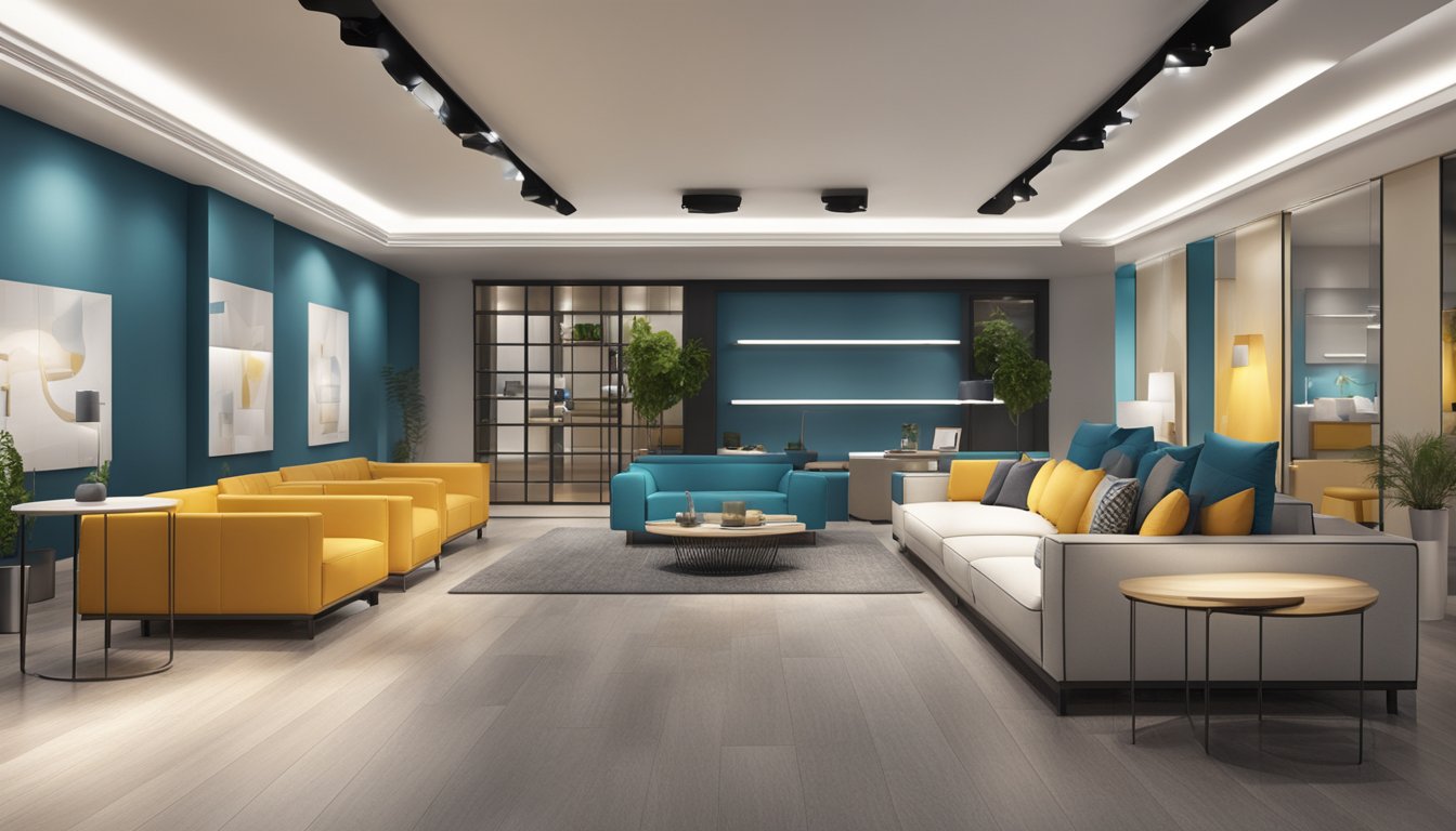 A modern showroom with sleek furniture displays, logo-emblazoned walls, and stylish lighting