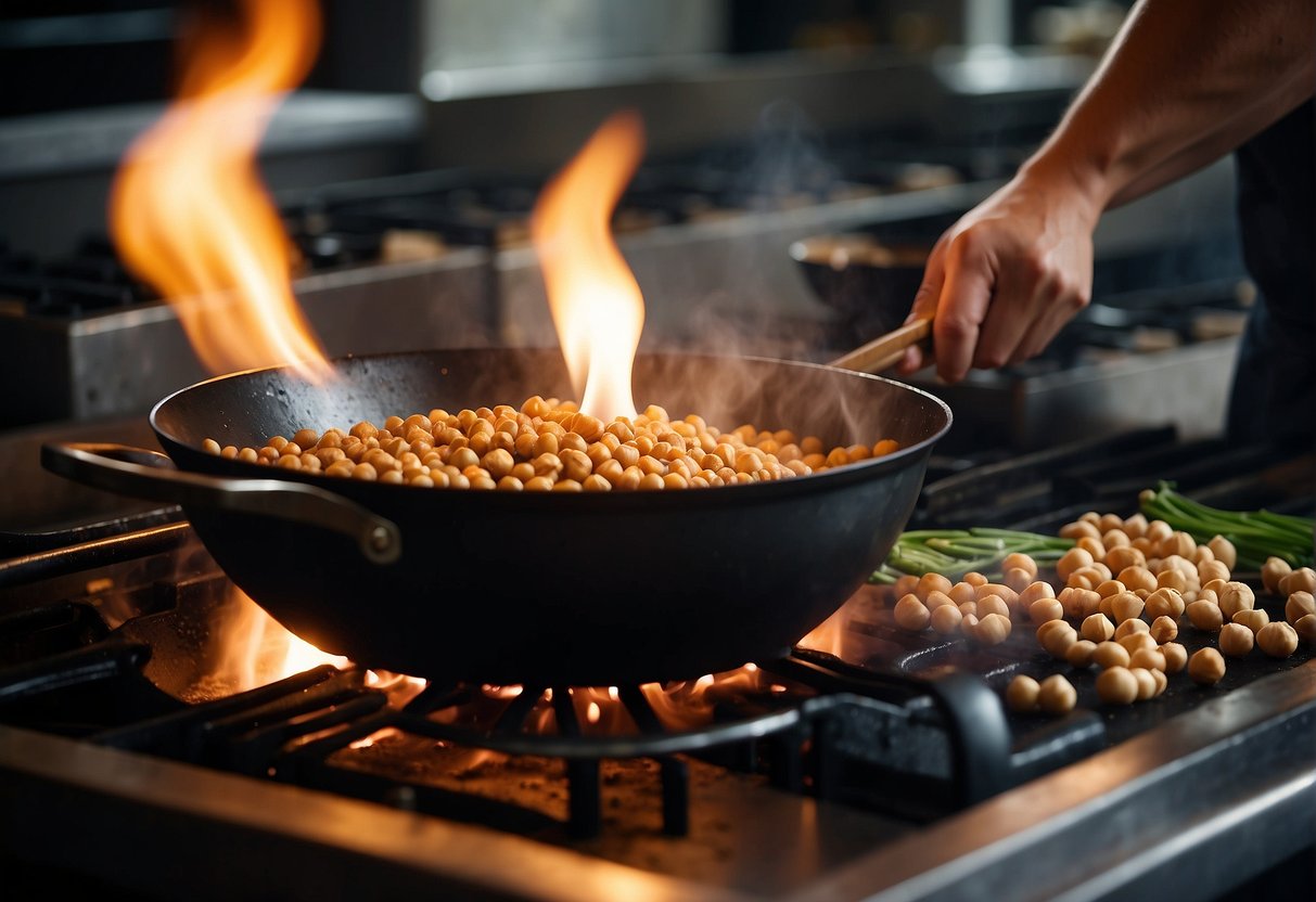 A chef mixing chickpeas, soy sauce, and spices in a wok over a sizzling flame