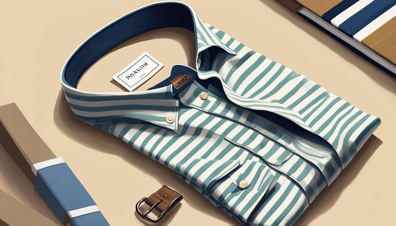 A neatly folded oxford shirt, a pair of khaki chinos, a striped sweater, and a canvas belt laid out on a clean, preppy-style background