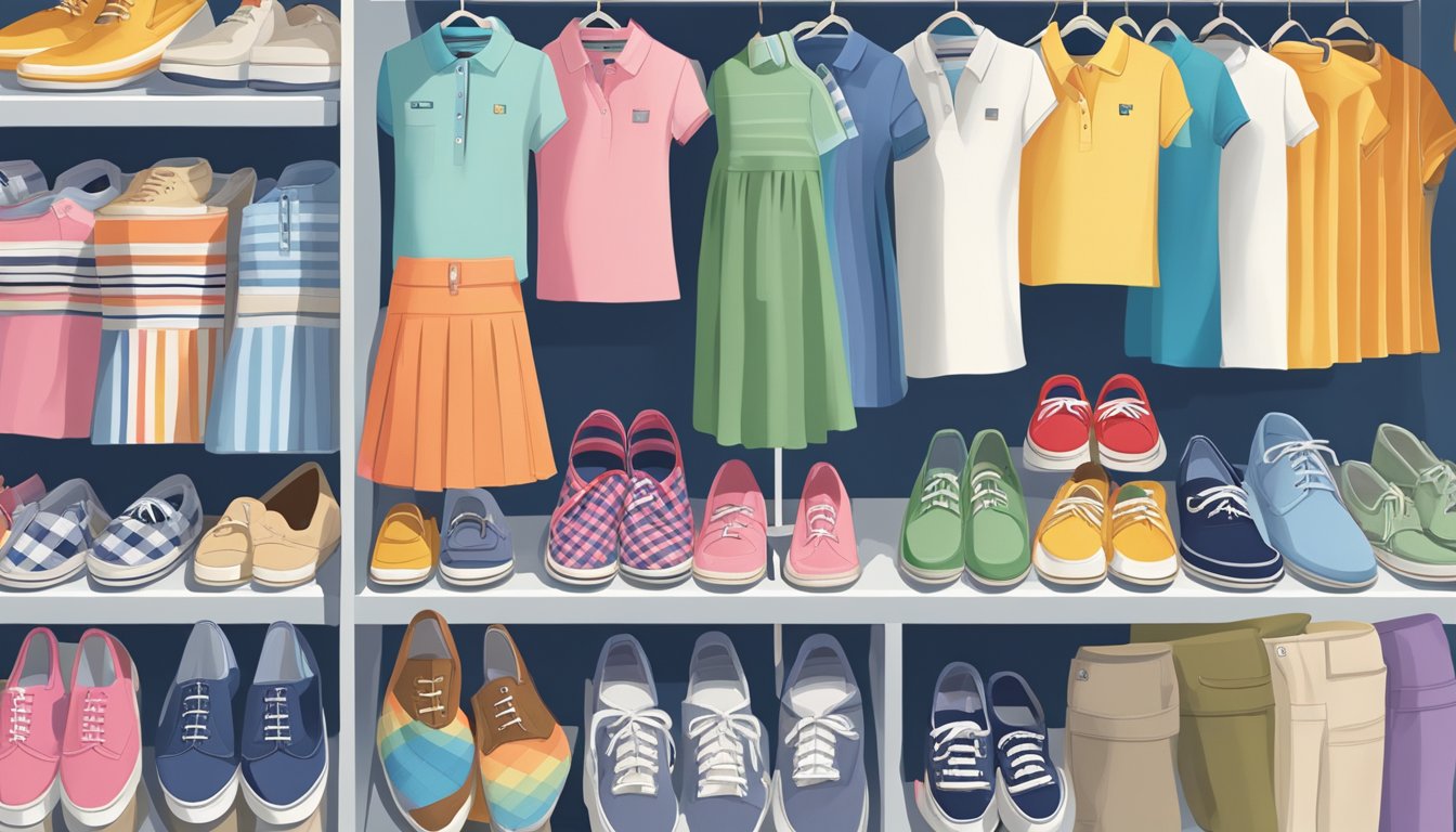A colorful display of preppy fashion items at a discount store, including polo shirts, plaid skirts, and boat shoes. Labels show affordable brand names like Old Navy, Gap, and Target