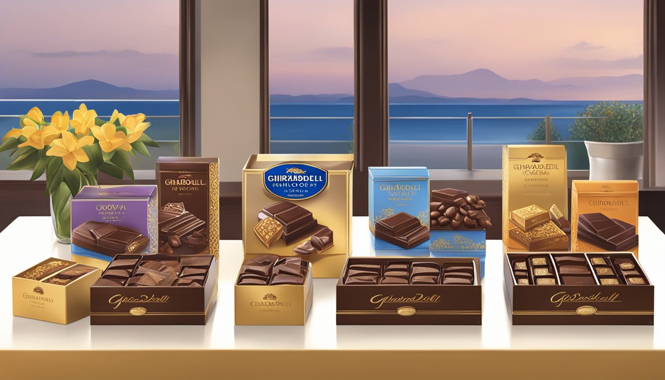 A table displays Ghirardelli and Godiva chocolate boxes
