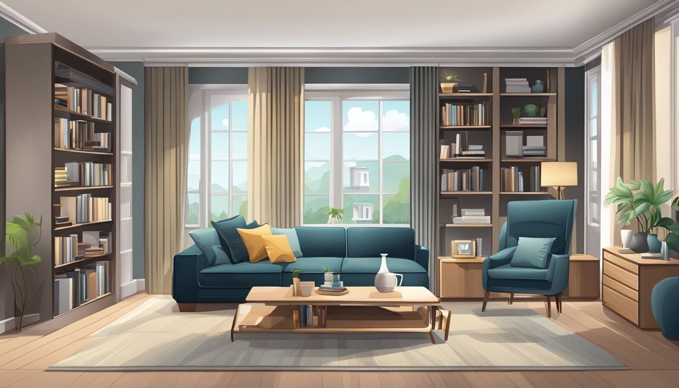 A living room with a modern sofa, coffee table, and bookshelves. A dining area with a sleek table and chairs. A bedroom with a comfortable bed, nightstands, and a dresser