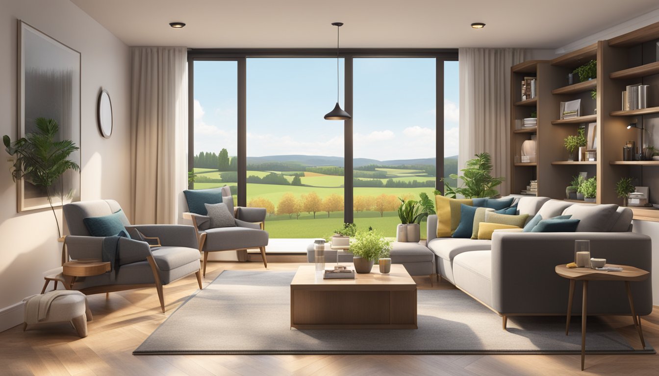 A cozy living room with modern Belgian furniture, soft lighting, and a view of the beautiful countryside