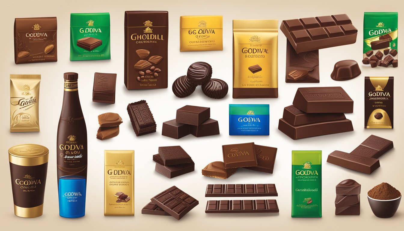 A display of iconic chocolate brands starting with "G" like Godiva, Ghirardelli, and Green & Black's, showcasing their logos and signature products