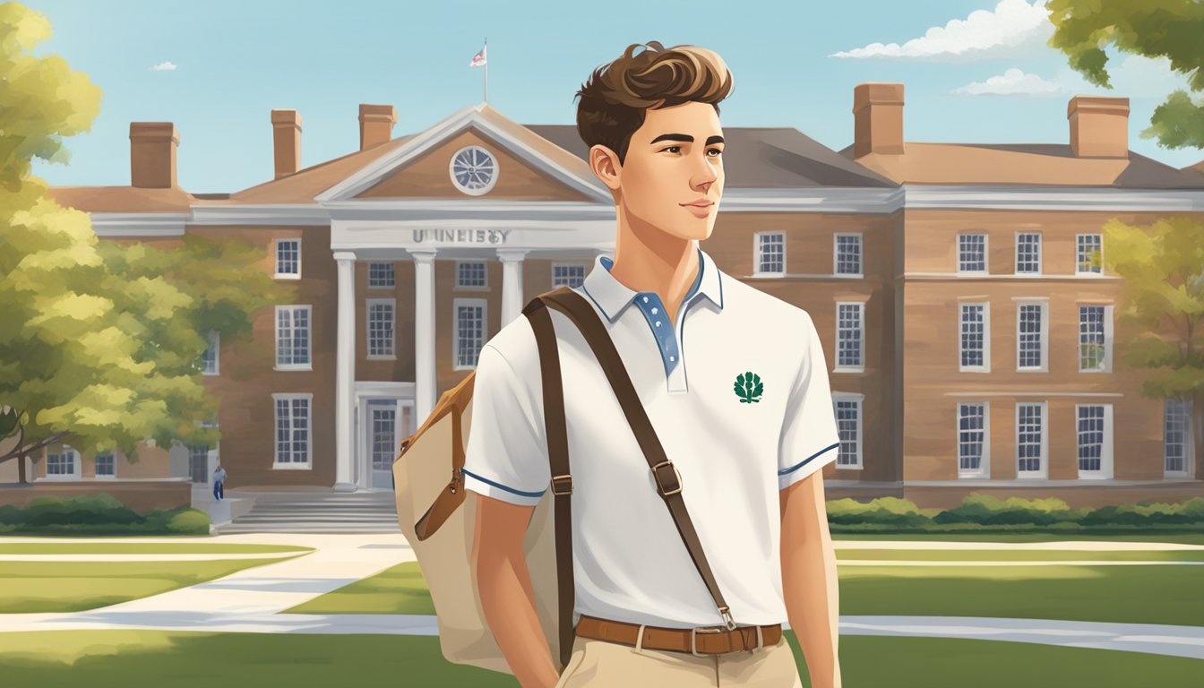 A college student wearing a polo shirt and khaki pants, carrying a canvas tote bag with a preppy brand logo, walking on a university campus