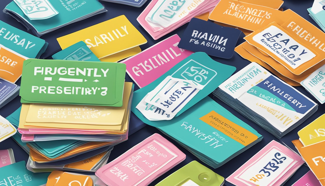 A stack of colorful preppy clothing labels with "Frequently Asked Questions" displayed prominently