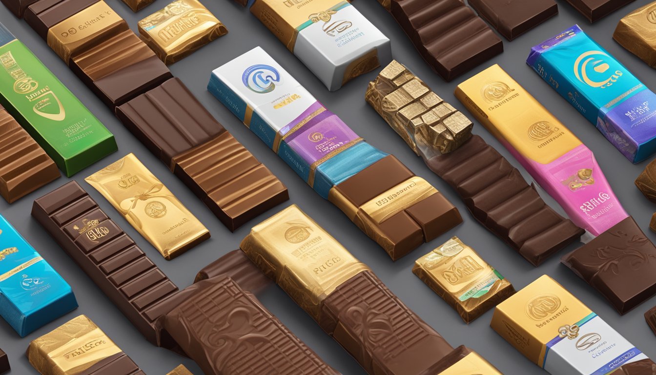 A display of gourmet chocolate bars with unique flavors and fillings, showcasing brands starting with the letter "G"