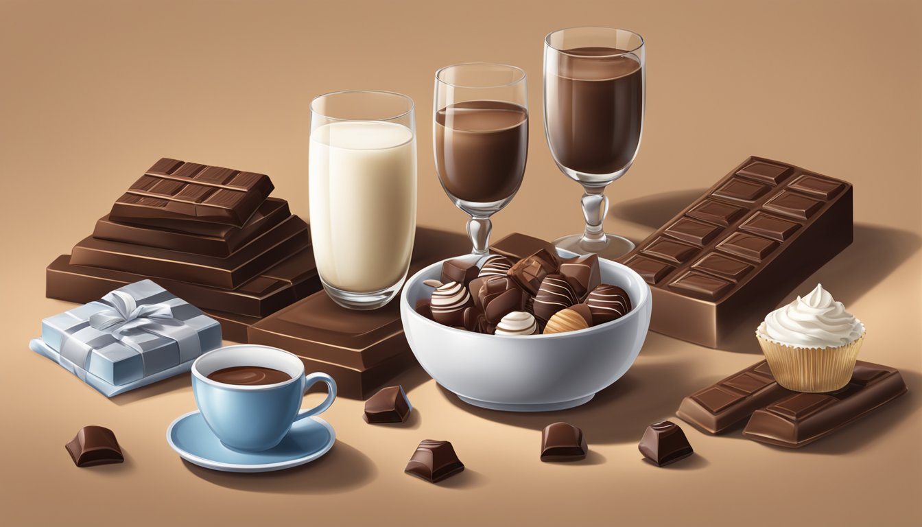 A table displays various chocolate brands starting with G. A glass of milk sits nearby, emphasizing the sweet and indulgent nature of the chocolates