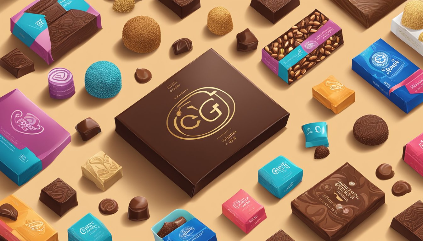 A table adorned with an array of global chocolate brands starting with the letter "G," surrounded by vibrant packaging and exotic flavors