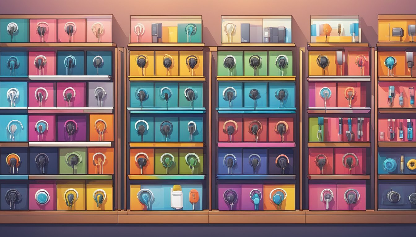 Various earphone brands displayed on shelves, with vibrant packaging and sleek designs. A range of styles and colors are visible, creating an eye-catching scene for the illustrator to recreate
