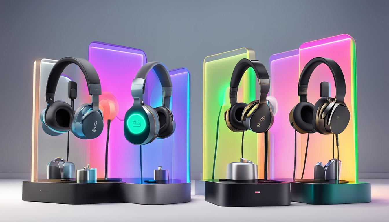 Various earphone brands showcased on a sleek display stand with vibrant lighting and modern aesthetics