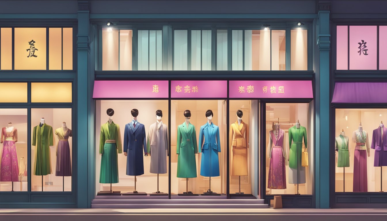 A row of colorful storefronts showcases China clothing brands. Brightly lit signs and mannequins in traditional and modern attire fill the windows
