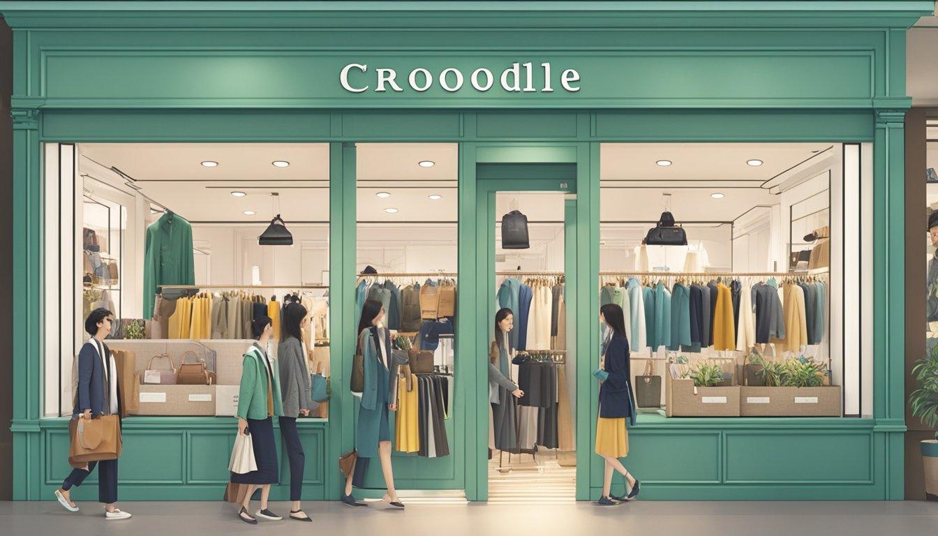 The Crocodile Brand Store in Singapore is bustling with customers browsing through racks of stylish clothing and accessories. The store's logo is prominently displayed on the storefront, and the interior is well-lit and inviting
