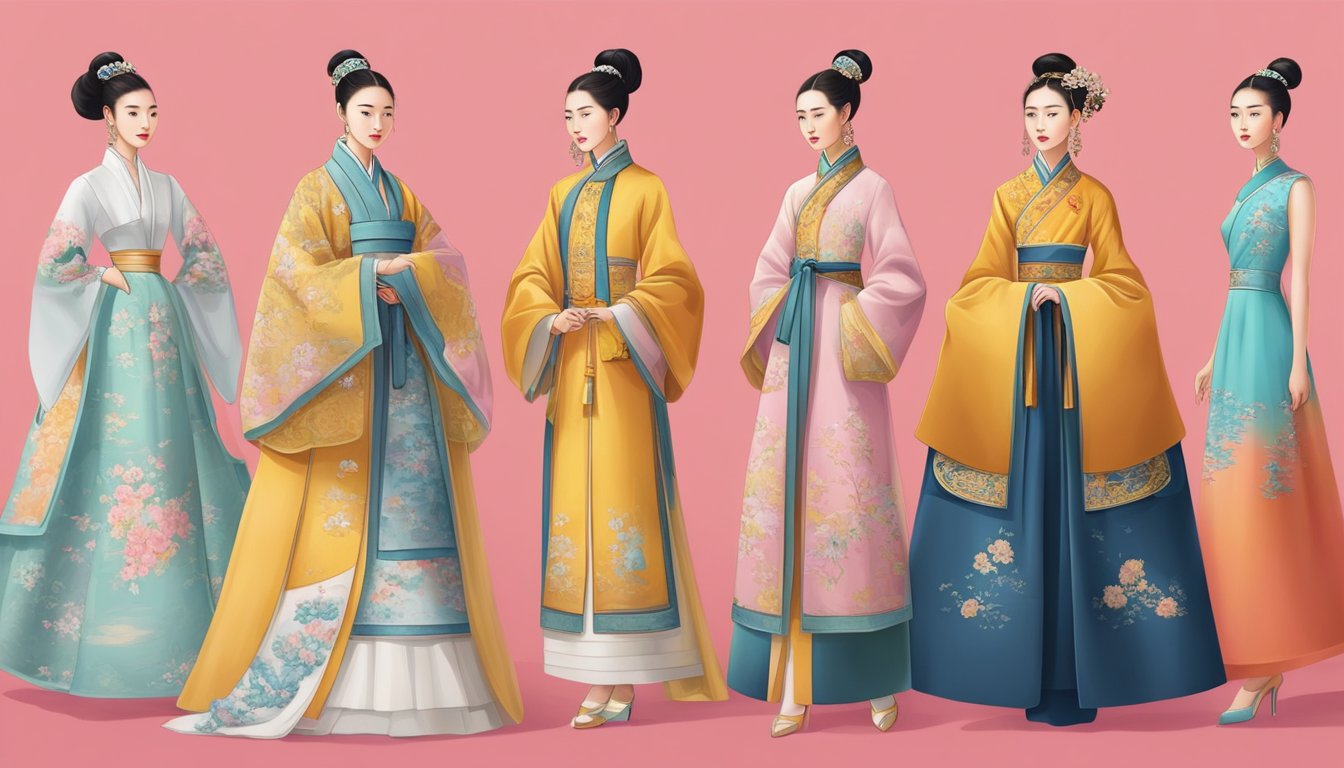 A timeline of Chinese fashion, from traditional clothing to modern brands, displayed on a colorful backdrop