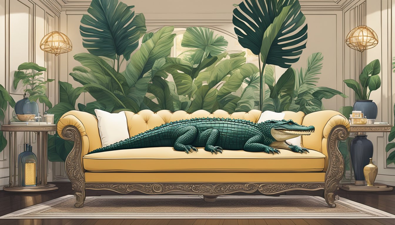 A crocodile lounges in a luxurious setting, surrounded by high-quality lifestyle products. The brand logo is prominently displayed