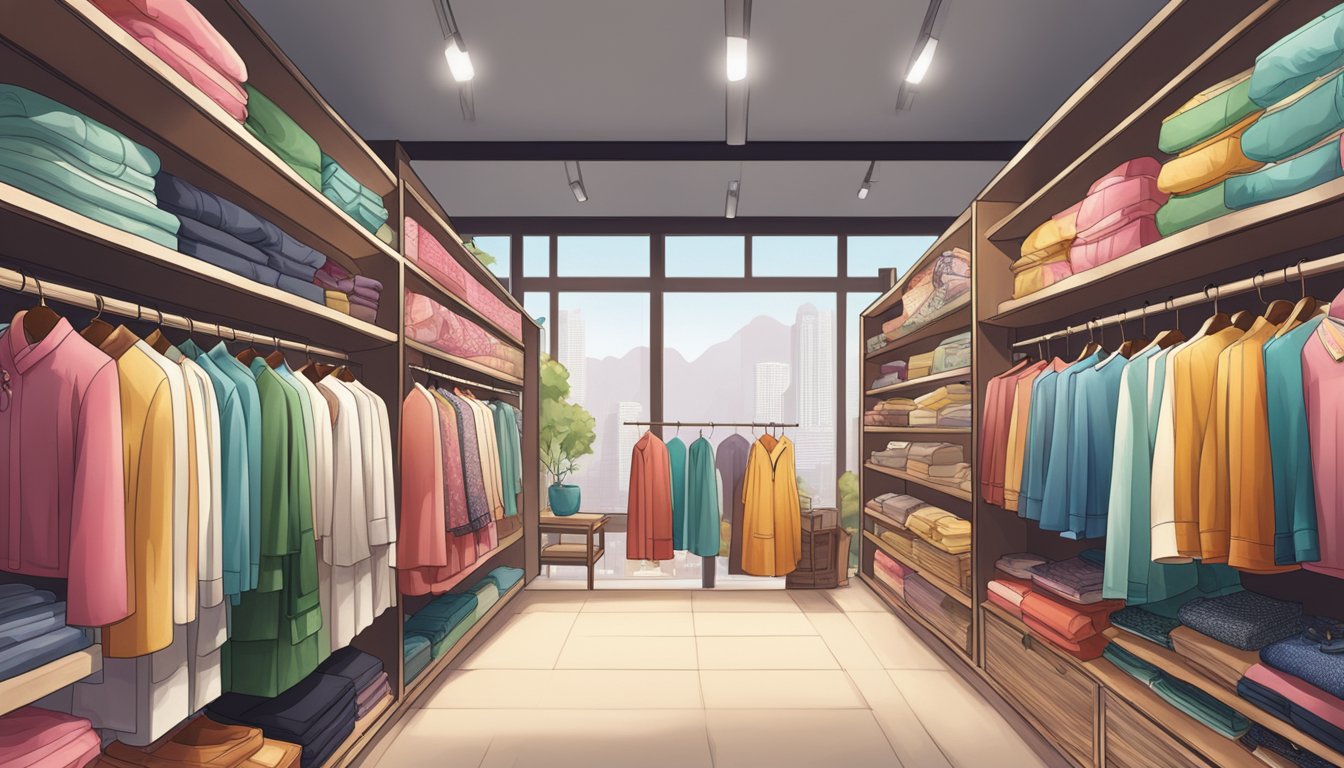 A colorful array of Chinese clothing brands displayed on shelves, showcasing traditional and modern designs