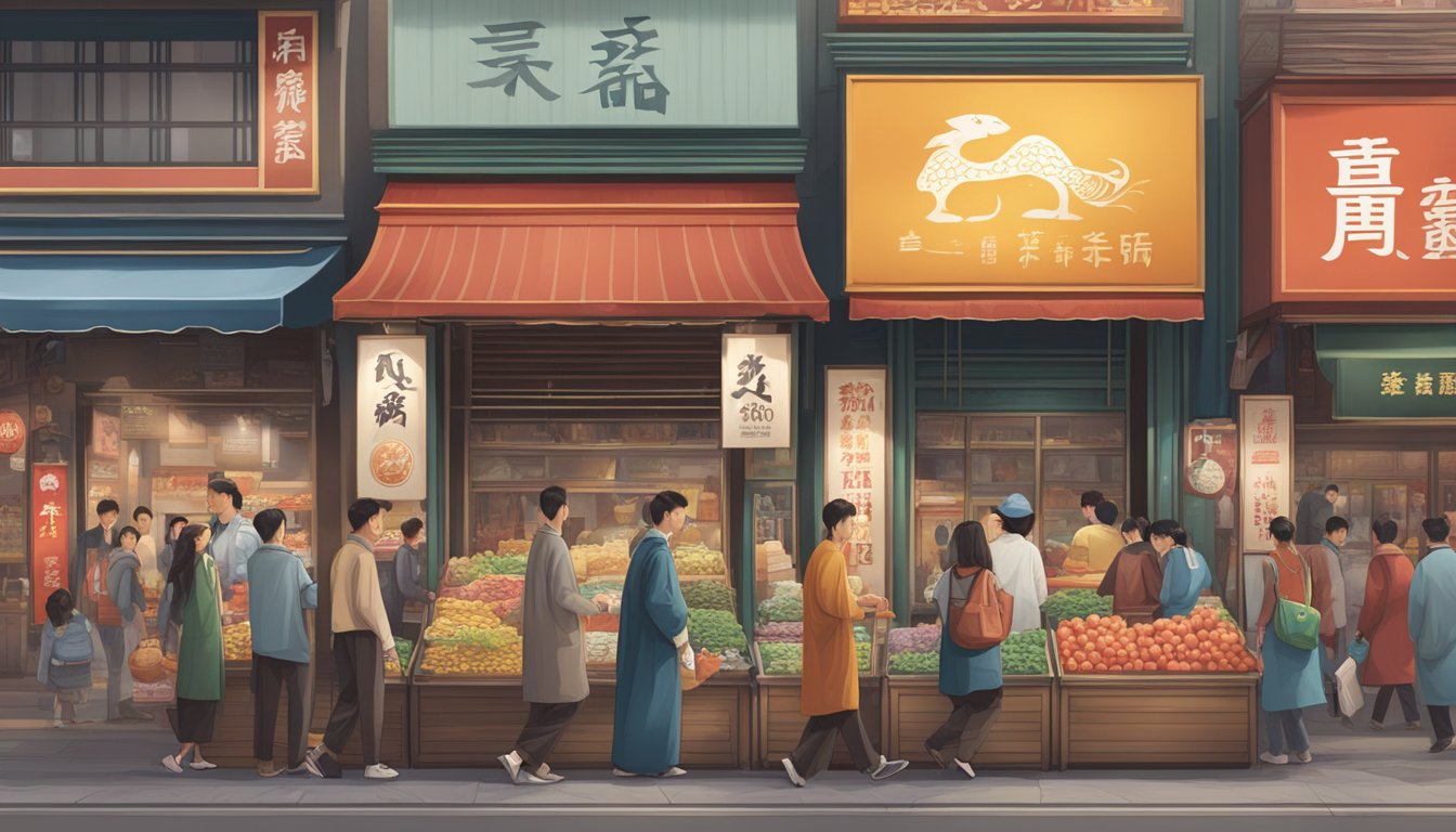 A bustling Chinese market with prominent Western clothing brand logos displayed on storefronts and billboards