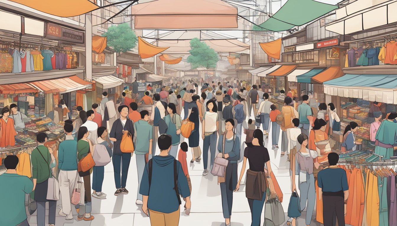 A bustling marketplace with Chinese clothing brands displayed, attracting diverse consumers. Traditional and modern styles reflect cultural impact on consumer behavior
