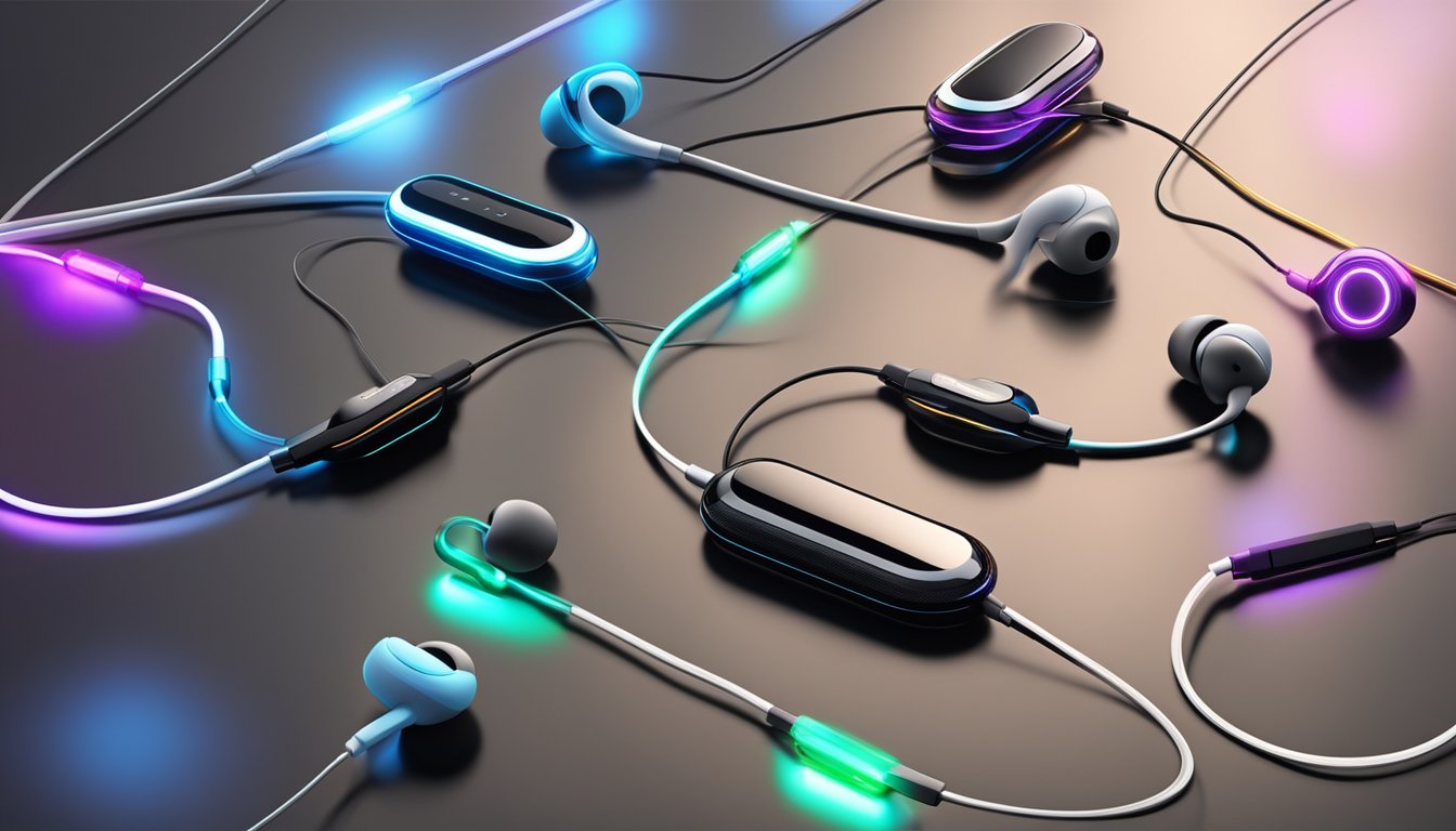 Earphones of various brands float in a futuristic, glowing display. Wires and sleek designs showcase the latest technological advancements