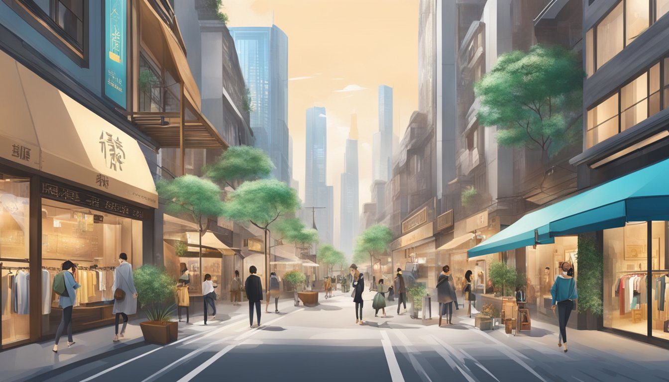 A bustling city street with modern Chinese clothing brands, showcasing sustainable and futuristic designs. Eco-friendly materials and innovative technology are highlighted in the storefront displays