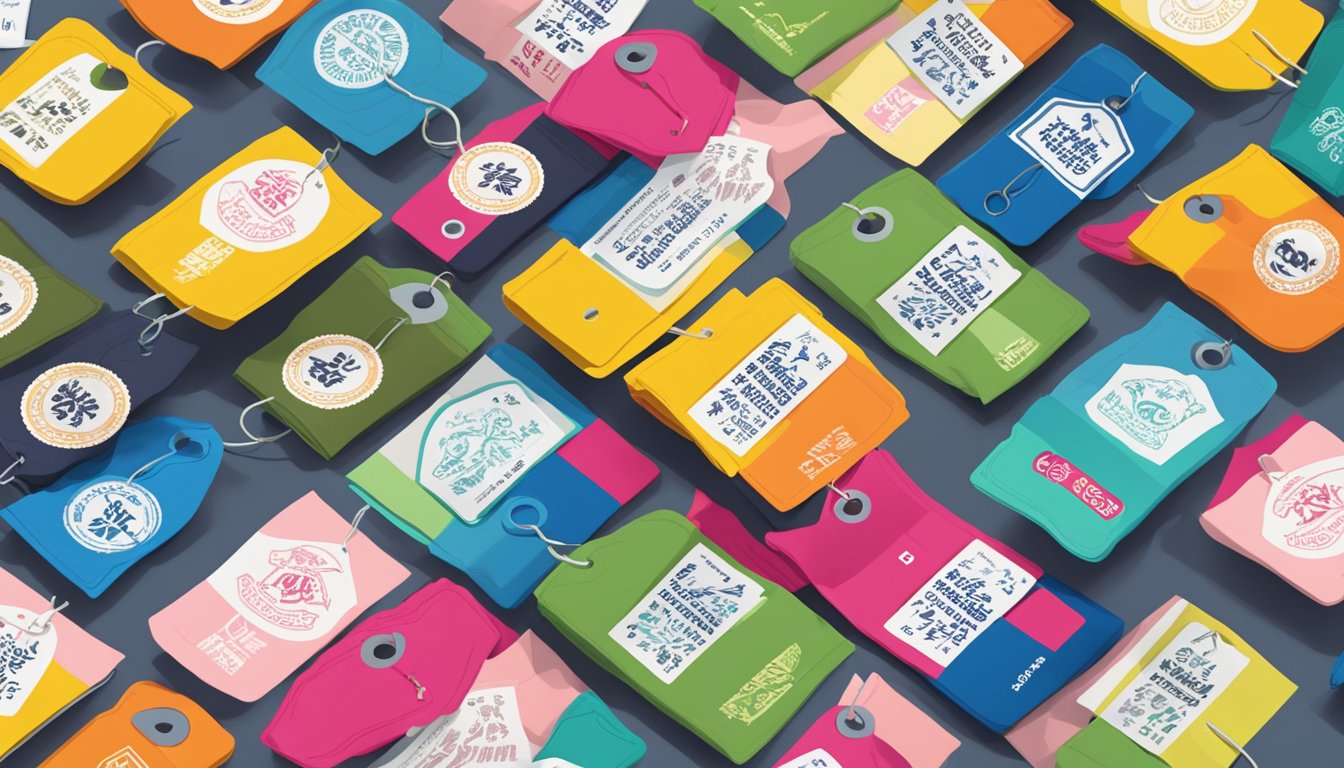 A stack of colorful clothing tags with "Frequently Asked Questions" printed on them, surrounded by various Chinese clothing brand logos