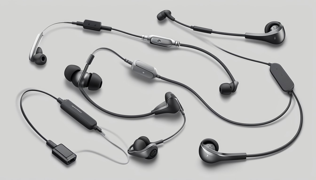 Various earphone brands connected to different devices, showcasing compatibility and connectivity
