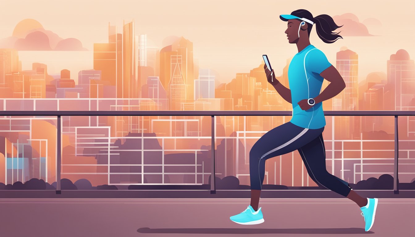 A person wearing earphones while jogging, with a smartphone in hand, accessing various features such as noise cancellation and touch controls