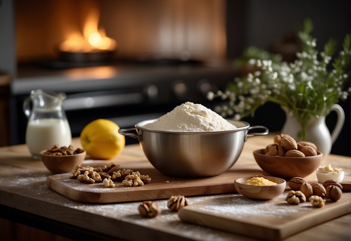 A table with ingredients: flour, sugar, butter, and walnuts. A mixing bowl and spoon. A rolling pin and cookie cutters. An oven and baking sheet