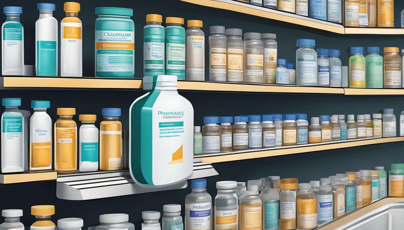 A bottle of Clidinium Bromide sits on a pharmacy shelf, its label clearly displaying the brand names. The background is filled with other medication boxes and bottles, creating a typical pharmacy scene