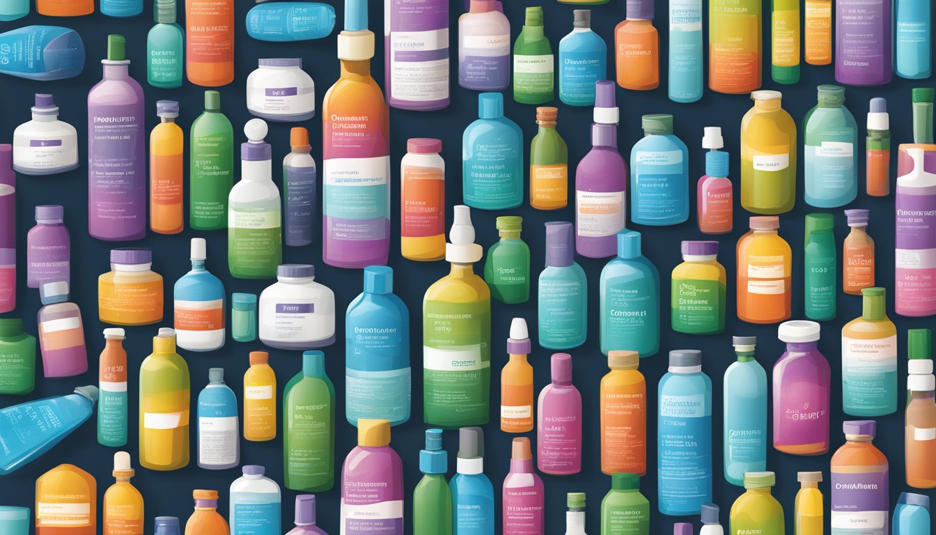 A colorful array of medicine bottles and packaging featuring clidinium bromide brand names and combinations