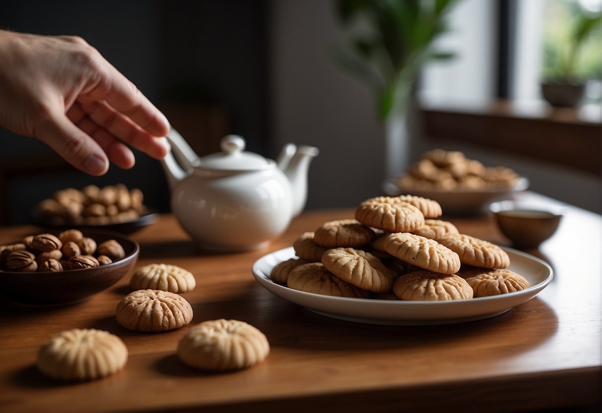A hand reaches for a plate of Chinese walnut cookies, while a jar of cookies sits on a kitchen counter. A tea set and a bowl of walnuts are nearby