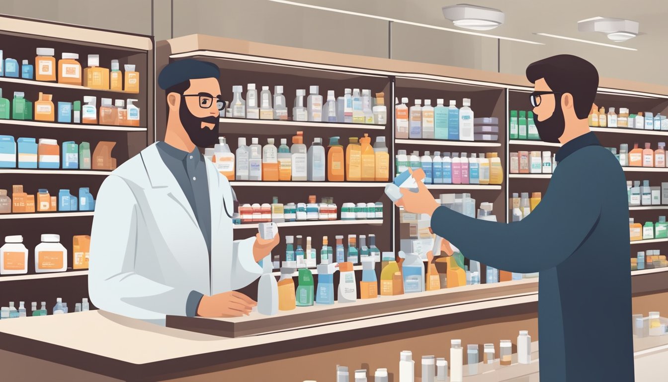 A pharmacist hands a bottle of clidinium bromide to a customer at the counter, with various brand names displayed on the shelves behind them