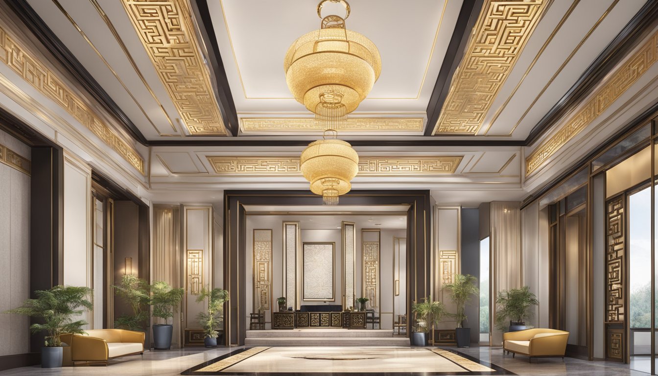 A grand entrance with ornate Chinese architecture, opulent interiors, and elegant furnishings showcasing the essence of Chinese luxury hotel brands