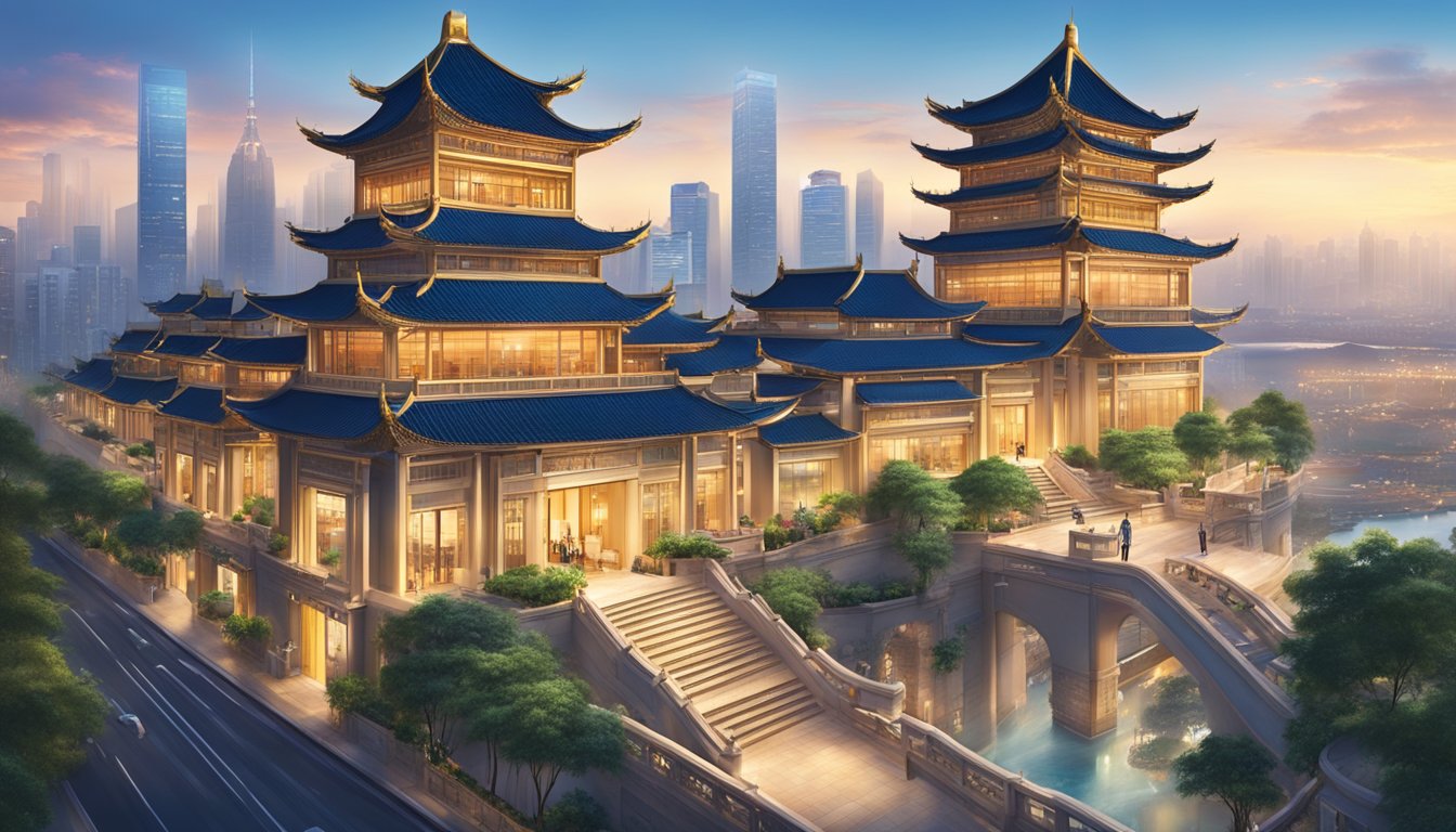 A bustling city skyline with towering luxury hotels and iconic Chinese architecture. Grand entrances and opulent interiors showcase the prestige of Chinese luxury hotel brands