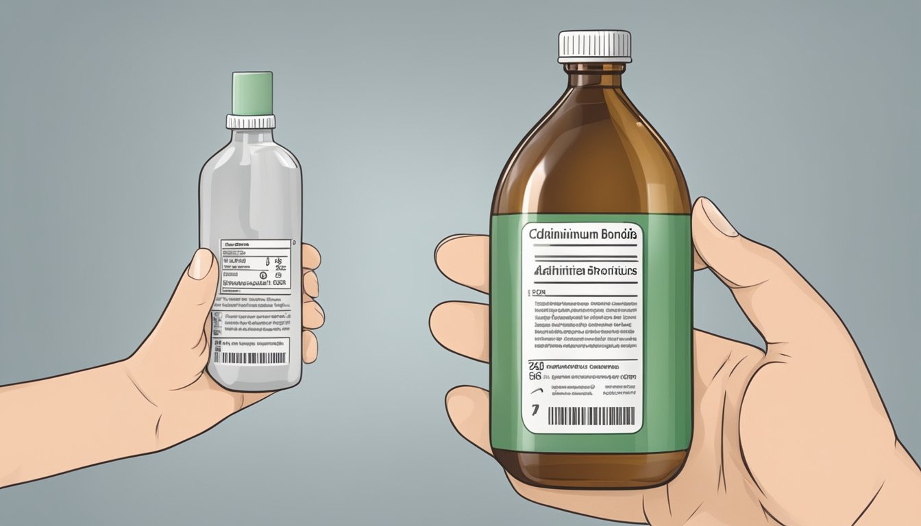 A hand holding a bottle of clidinium bromide, with a label showing dosage and administration instructions