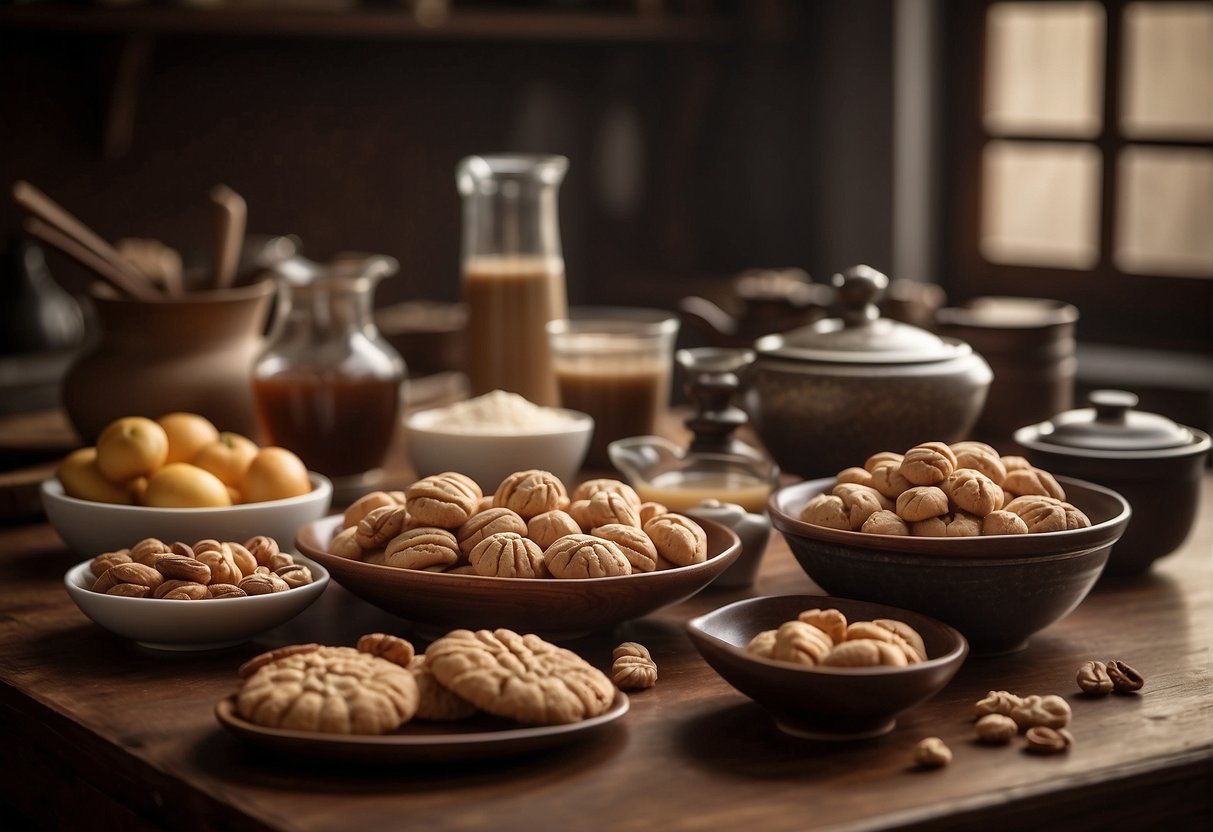 A table filled with ingredients and utensils for making Chinese walnut cookies. Recipe book open to "Frequently Asked Questions" page