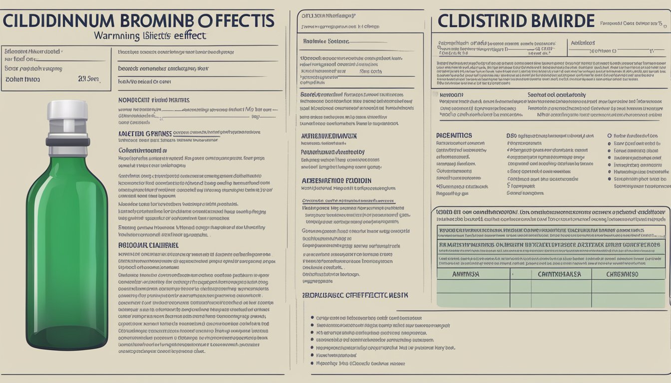 A bottle of clidinium bromide with warning label, and a list of potential side effects and precautions