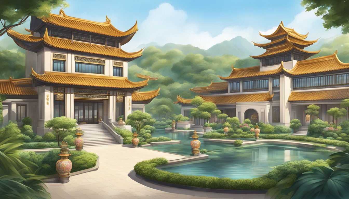 A grand entrance with traditional Chinese architecture, surrounded by lush gardens and a tranquil pond. The hotel lobby exudes luxury with intricate details and ornate decor, showcasing the rich cultural experiences and amenities offered by the Chinese luxury hotel brand
