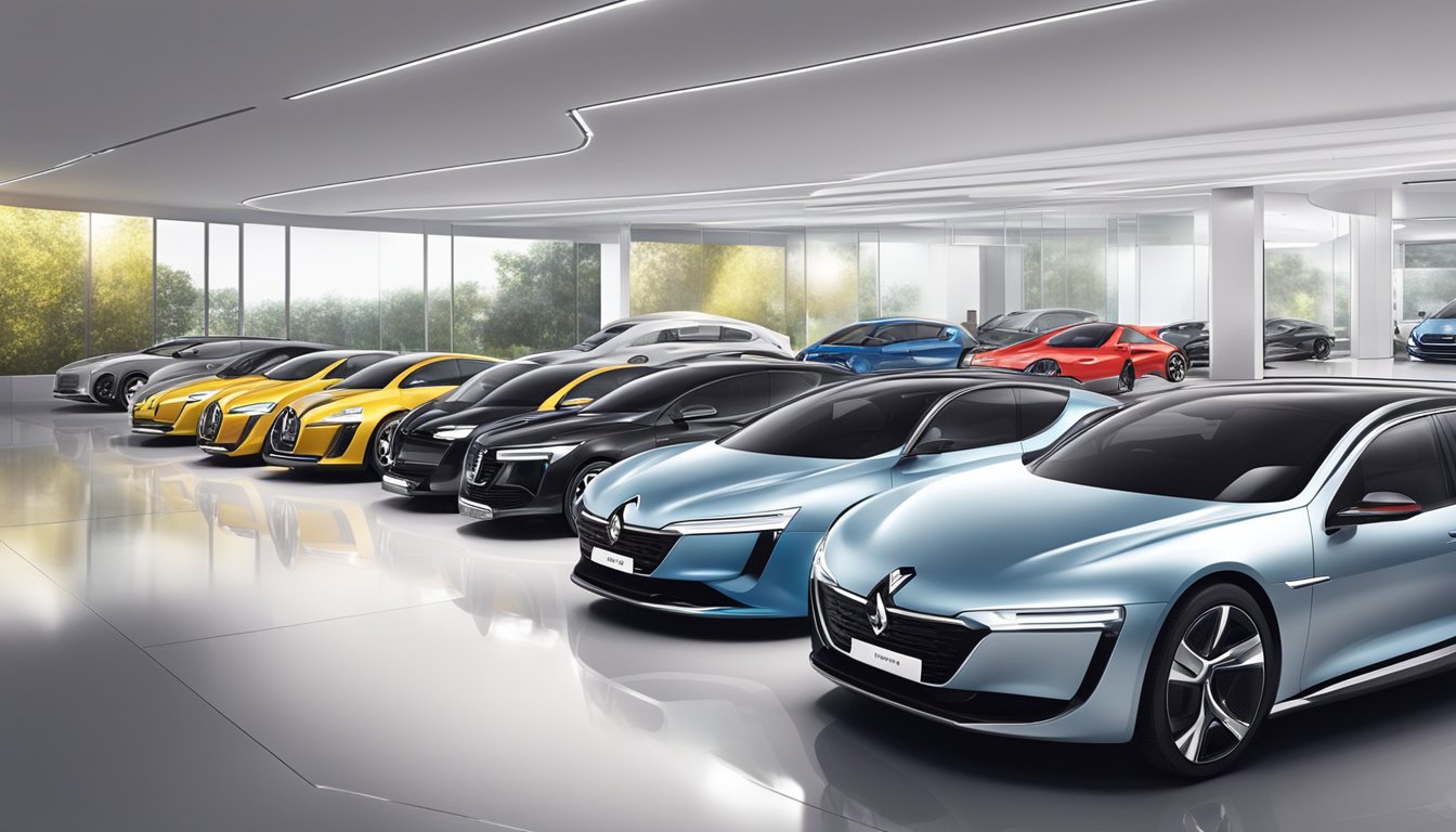 Several French car brands, including Renault, Peugeot, and Citroën, are showcased in a sleek showroom with modern lighting and polished vehicles