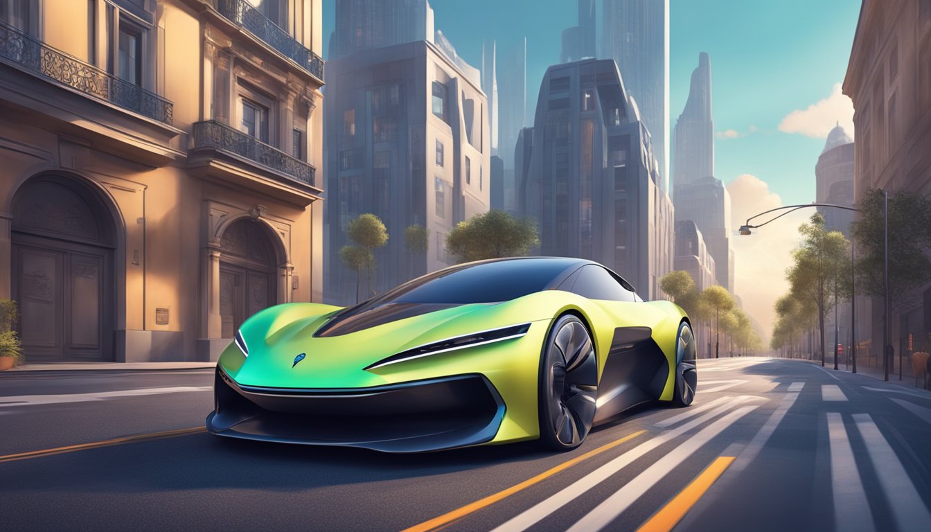 A sleek French car with advanced technology and innovative features on a futuristic city street