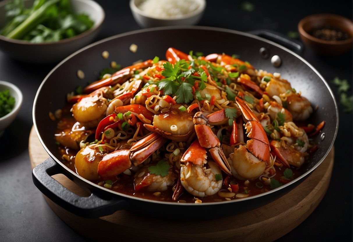 A wok sizzles with red chili sauce, ginger, and garlic. A whole crab is being stir-fried, coated in the spicy, savory sauce. Green onions and cilantro garnish the dish