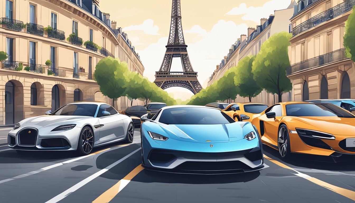 A lineup of sleek French sports and luxury cars parked in front of the Eiffel Tower