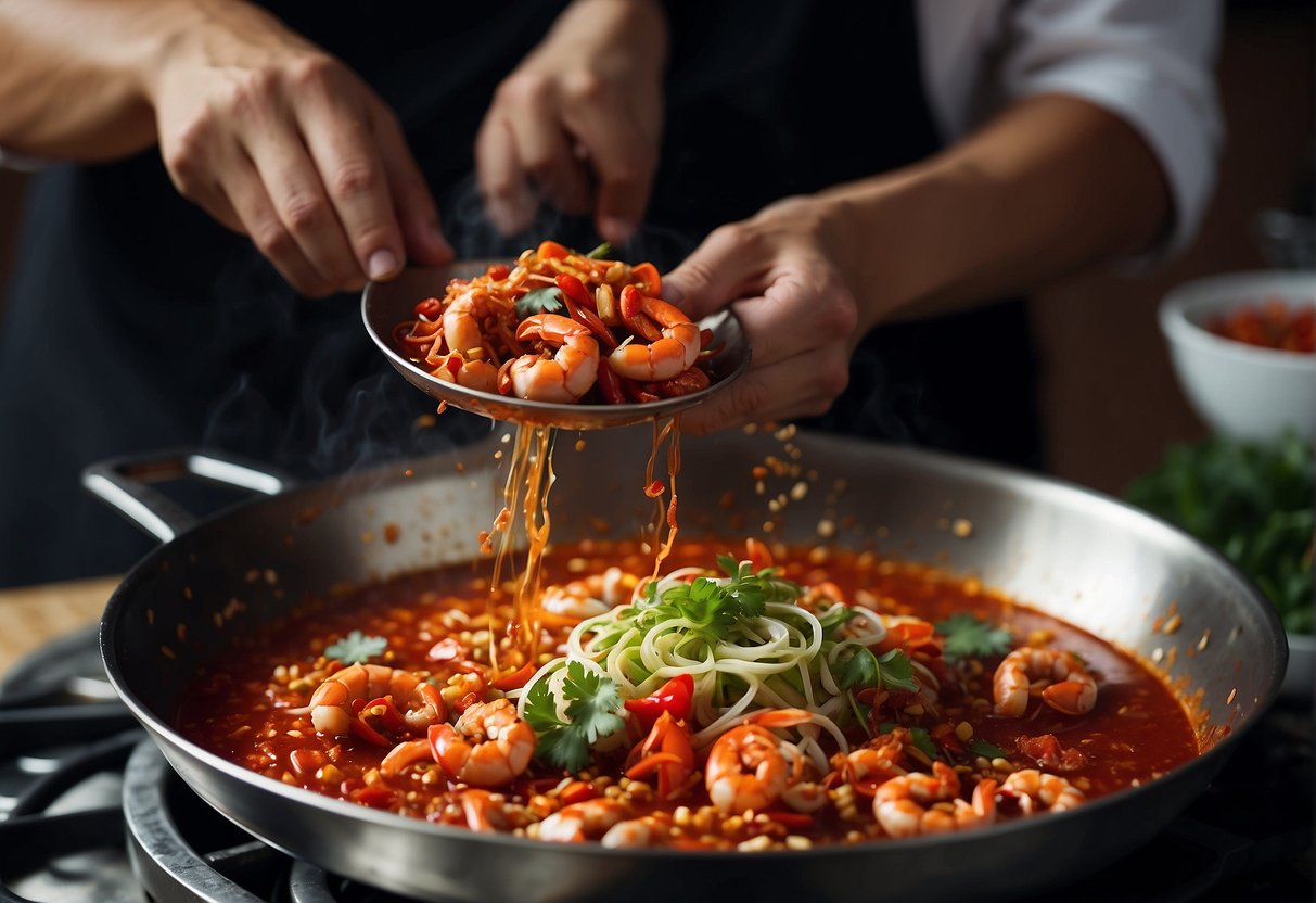 A chef stirs a wok filled with vibrant red chili sauce and succulent crab pieces, infusing the air with a tantalizing aroma
