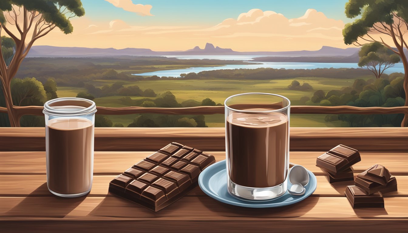 A glass of chocolate milk sits on a rustic wooden table, surrounded by a backdrop of Australian landscapes and iconic landmarks